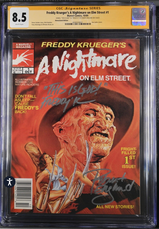 Freddy Kruegers A Nightmare on Elm Street #1 CGC SS 8.5 (Marvel, 1989 Newsstand Edition) Signed By Robert Englund and wrote “This is God, Freddy K”