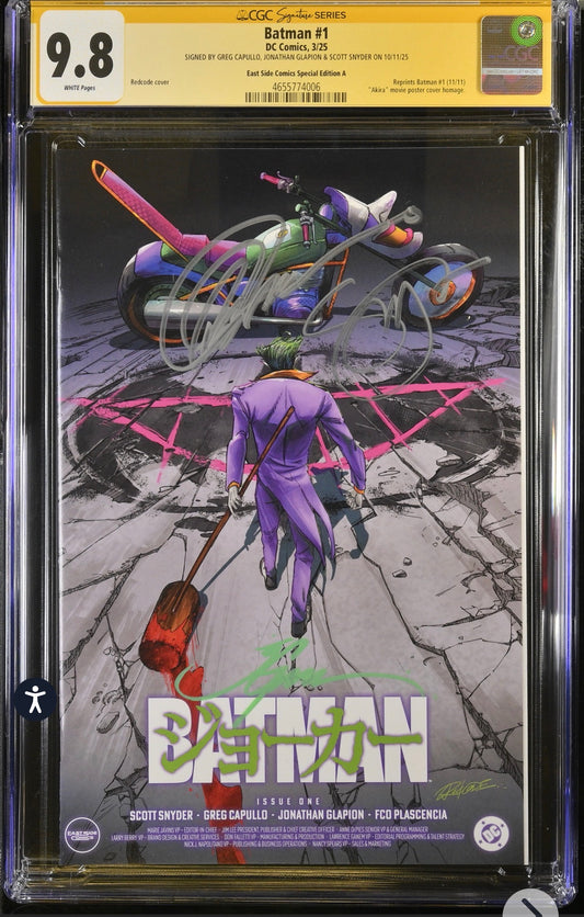 BATMAN #1 CGC SS 9.8 (DC COMICS, 2025) REDCODE AKIRA JOKER HOMAGE 3x Signed By Greg Capullo, Scott Snyder, Jonathan Glapion (Reprint of 2011 Series)