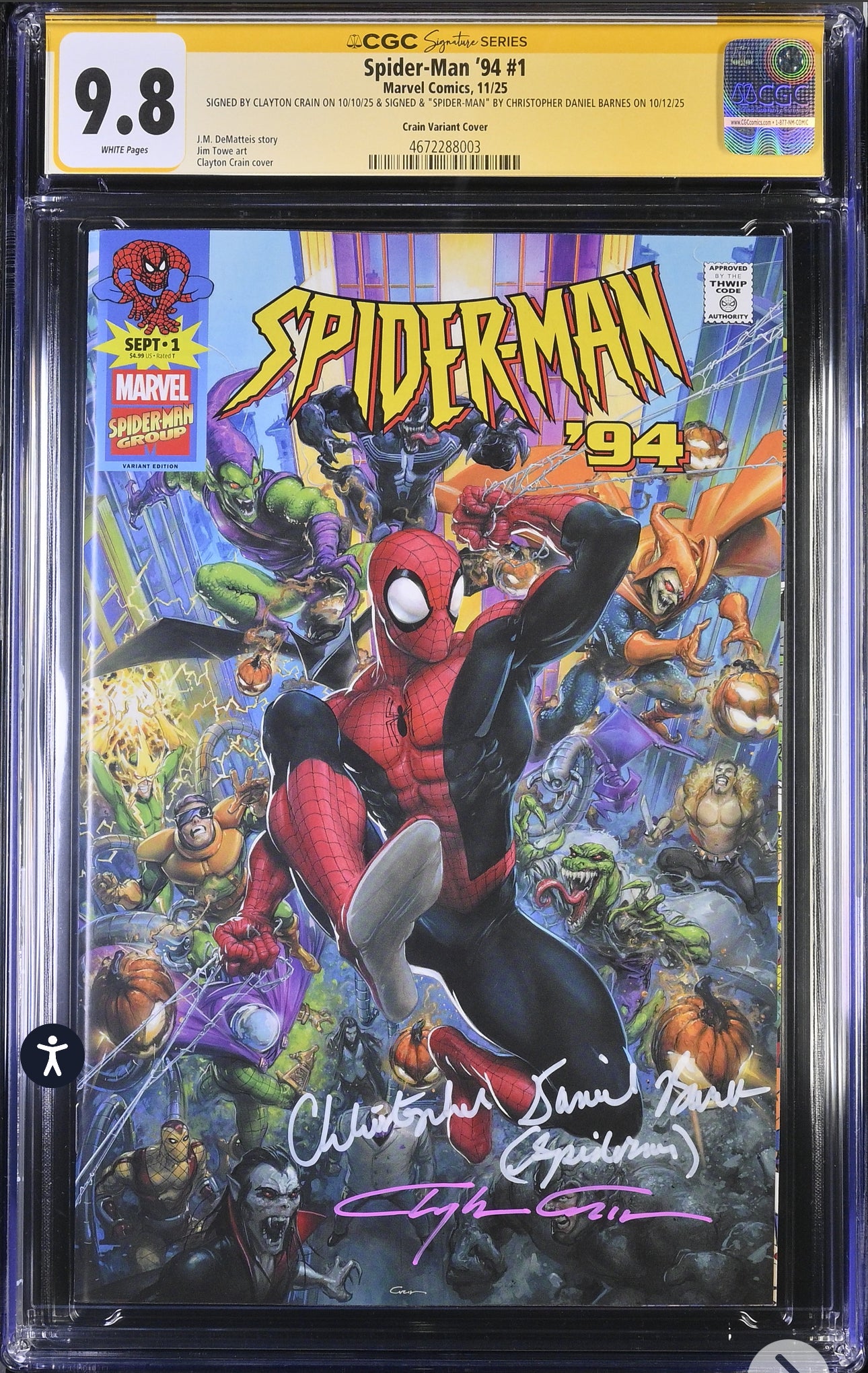 Spider-Man ‘94 #1 CGC SS 9.8 (Marvel, 2025) Crain Trade Variant Signed by Clayton Crain & Christopher Daniel Barnes