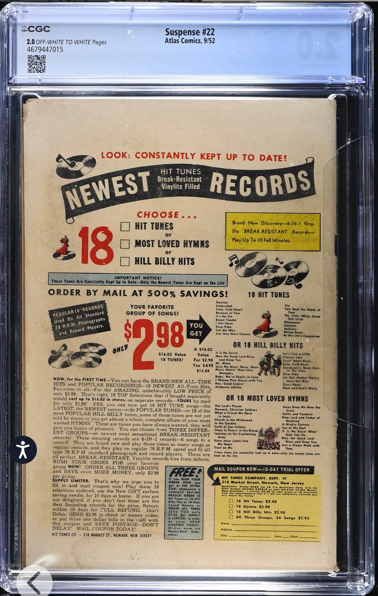 Suspense #22 CGC 2.0 (Atlas, 1952) Pre Code Golden Age Horror