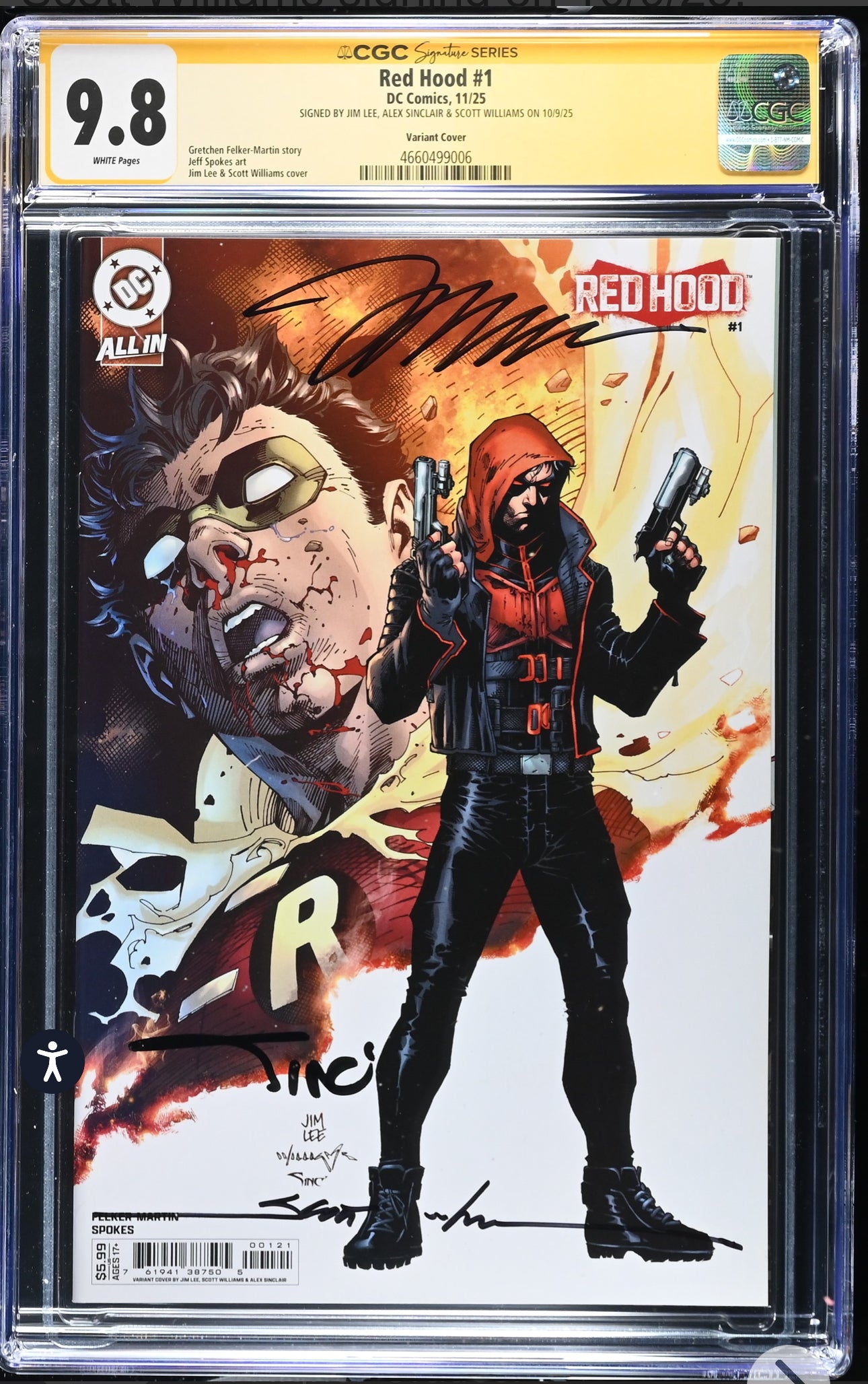 Red Hood #1 CGC SS 9.8 (DC, 2025) Signed By Jim Lee, Alex Sinclair, Scott Williams (Canceled DC Series)