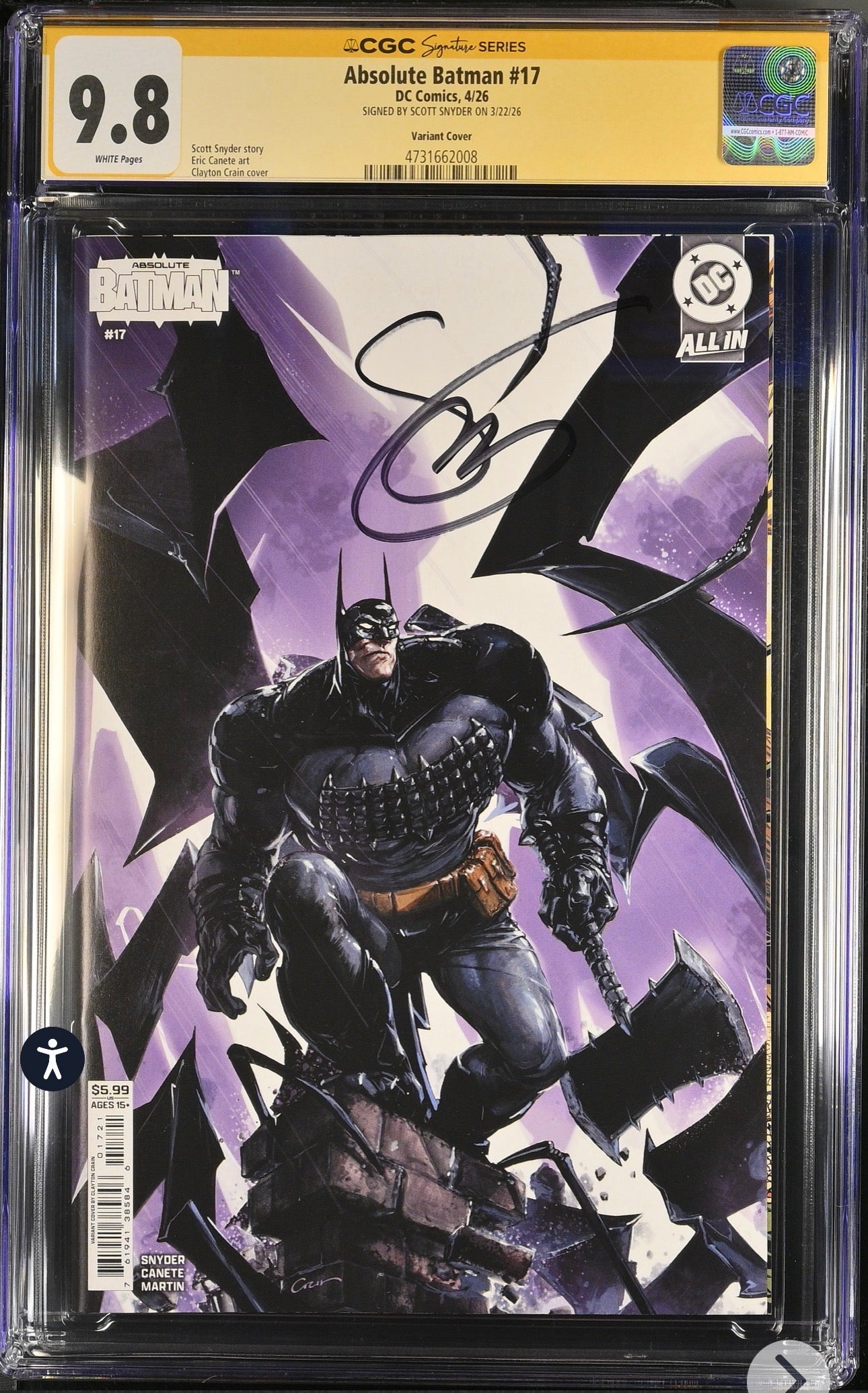 Absolute Batman #17 CGC SS 9.8 Signed By Scott Snyder (DC, 2026) Crain Variant