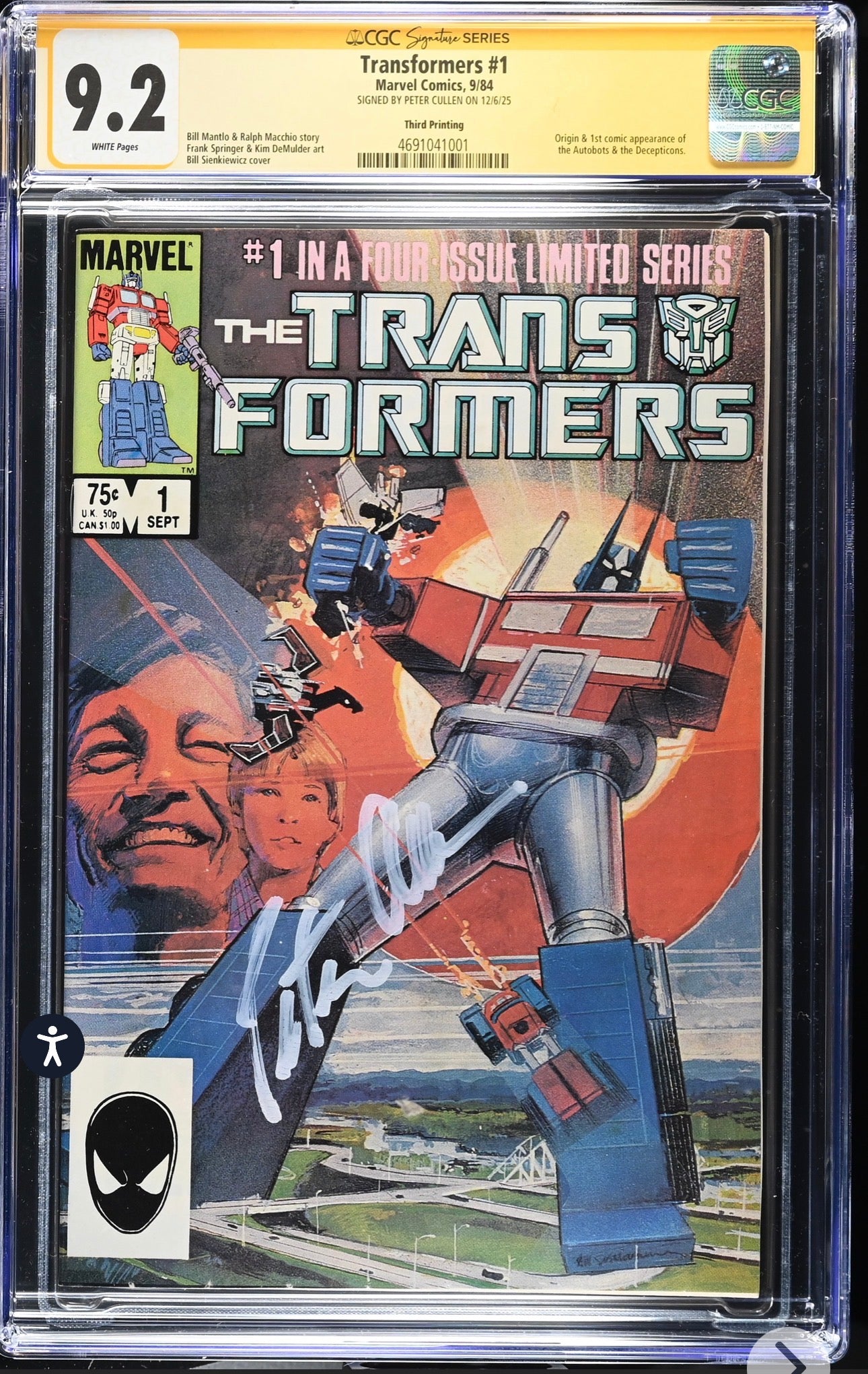 TRANSFORMERS #1 CGC SS 9.2 (3rd Print) Signed By Peter Cullen (Marvel, 1984)