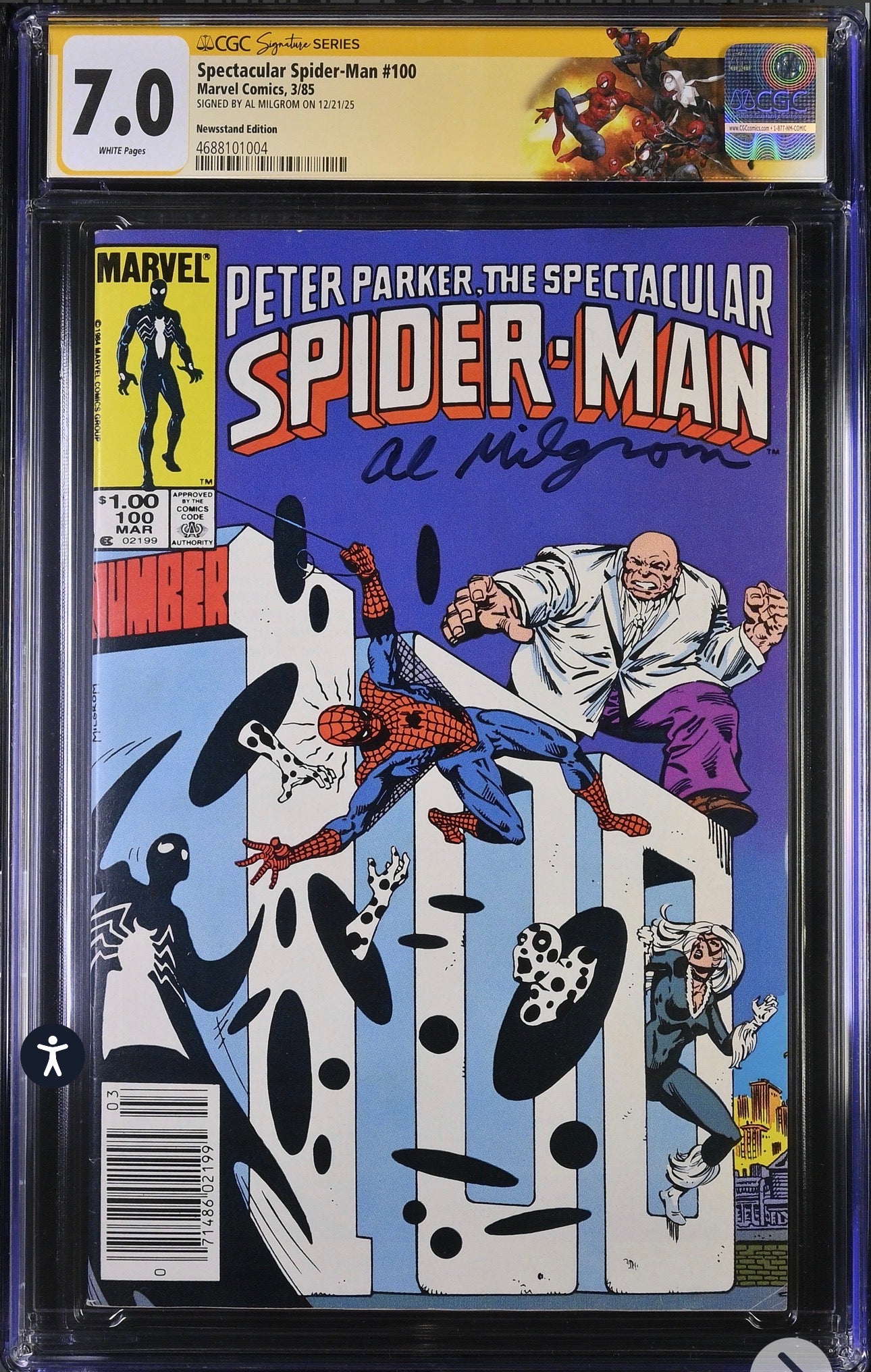 Spectacular Spider-Man #100 CGC SS 7.0 (Marvel, 1985) Signed by Al Milgrom (Newsstand Edition) With Custom Label