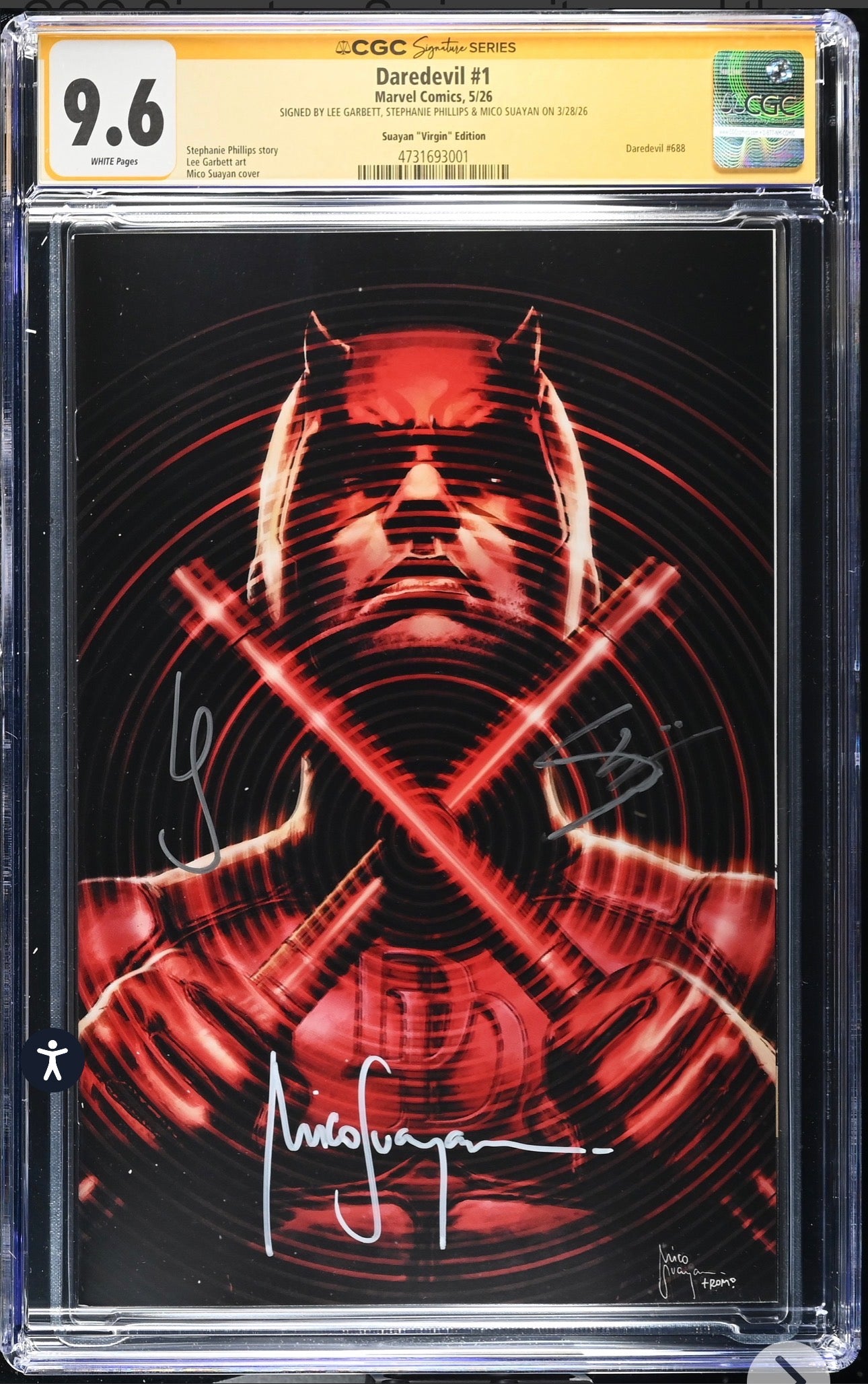 DAREDEVIL #1 CGC SS 9.6 Signed By Mico Suayan, Stephanie Phillips, Lee Garbett (Marvel, 2026) Virgin Variant