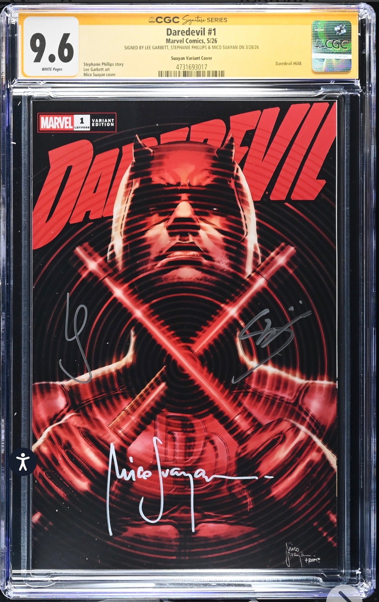 DAREDEVIL #1 CGC SS 9.6 Signed By Mico Suayan, Stephanie Phillips, Lee Garbett (Marvel, 2026) Trade Dress Variant