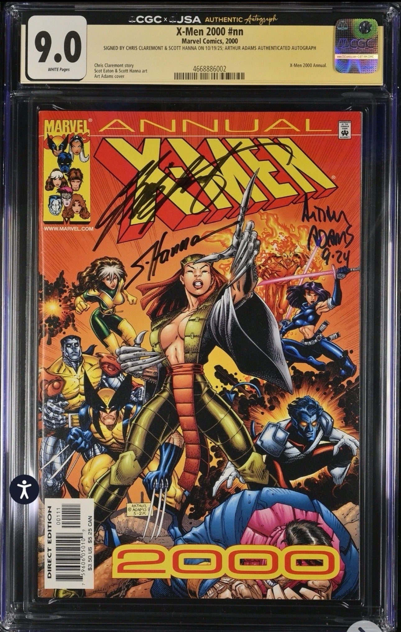X-Men Annual 2000 CGC SS X JSA 9.0 Authenticated Autograph from Arthur Adams, witnessed Chris Claremont & Scott Hanna Signatures