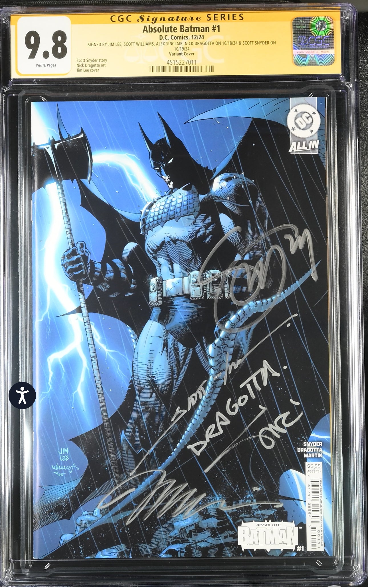 Absolute Batman #1 CGC SS 9.8 (DC, 2024) Jim Lee Variant signed by Jim Lee, Scott Snyder, Nick Dragotta, Alex Sinclair & Scott Williams