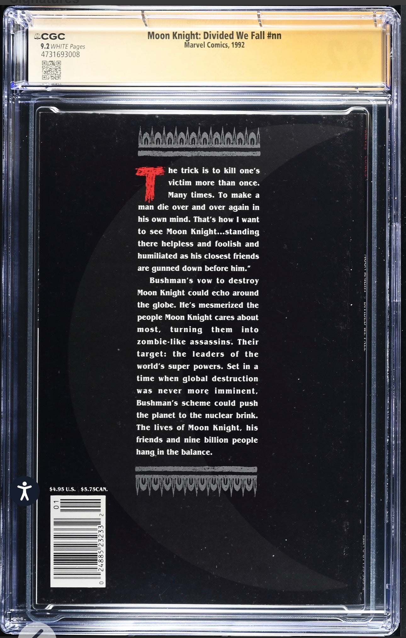 Moon Knight: Divided We Fall #nn CGC SS 9.2 Signed By Denys Cowan (Marvel, 1992)