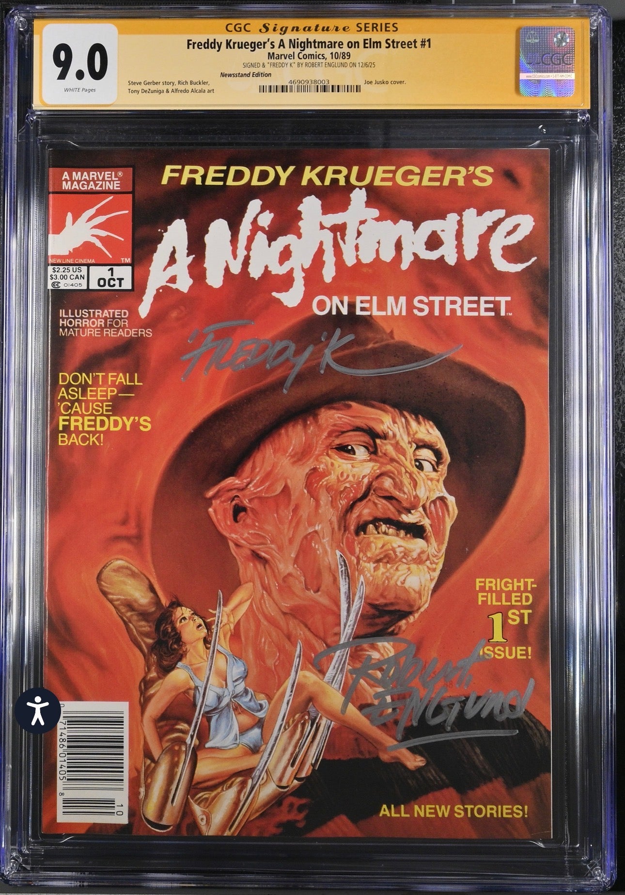 Freddy Kruegers A Nightmare on Elm Street #1 CGC SS 9.0 (Marvel, 1989 Newsstand Edition) Signed By Robert Englund and wrote “Freddy K”