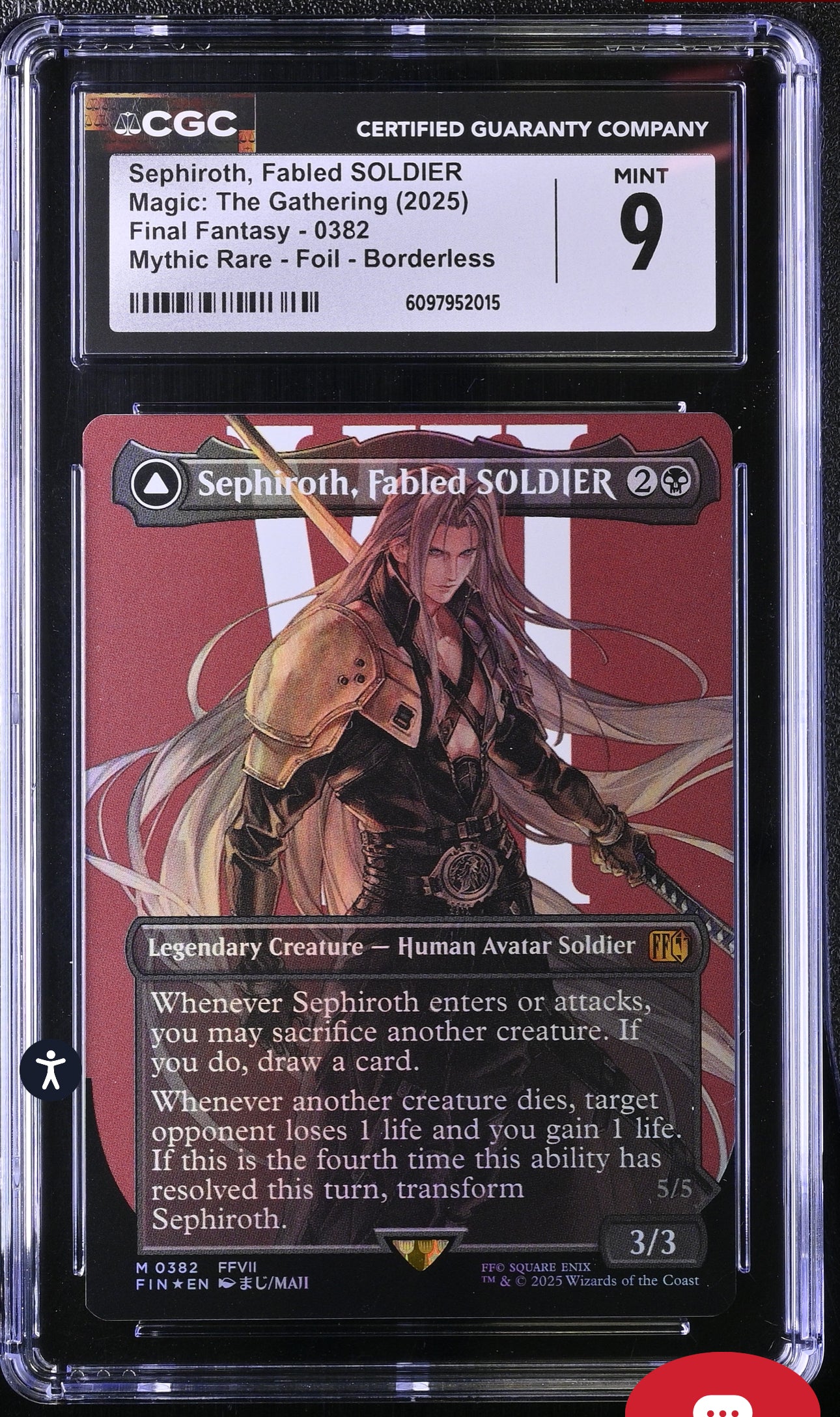 Sephiroth, Fabled SOLDIER Magic: The Gathering CGC 9 (Mint) Final Fantasy -0382 Mythic Rare -Foil - Borderless (CGC Cards)