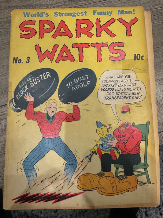 SPARKY WATTS #3 WORLD WAR II Era "BUST ADOLF HITLER" BLOCK BUSTER COVER (Golden Age Comics)