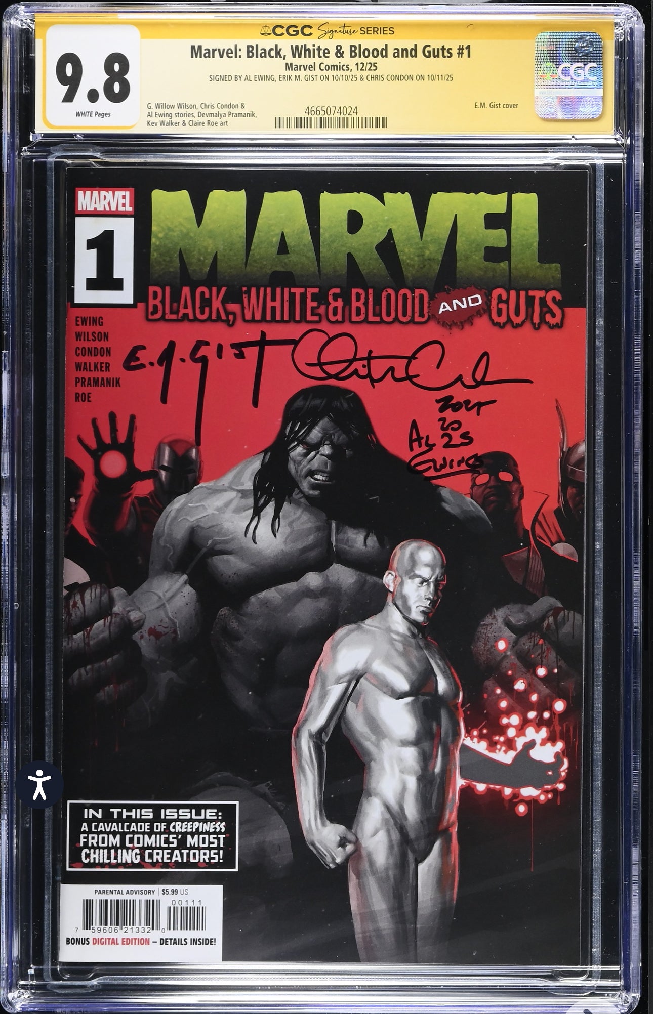 Marvel Black White and Blood and Guts #1 CGC SS 9.8 Signed By Chris Condon, Al Ewing, E.M. Gist