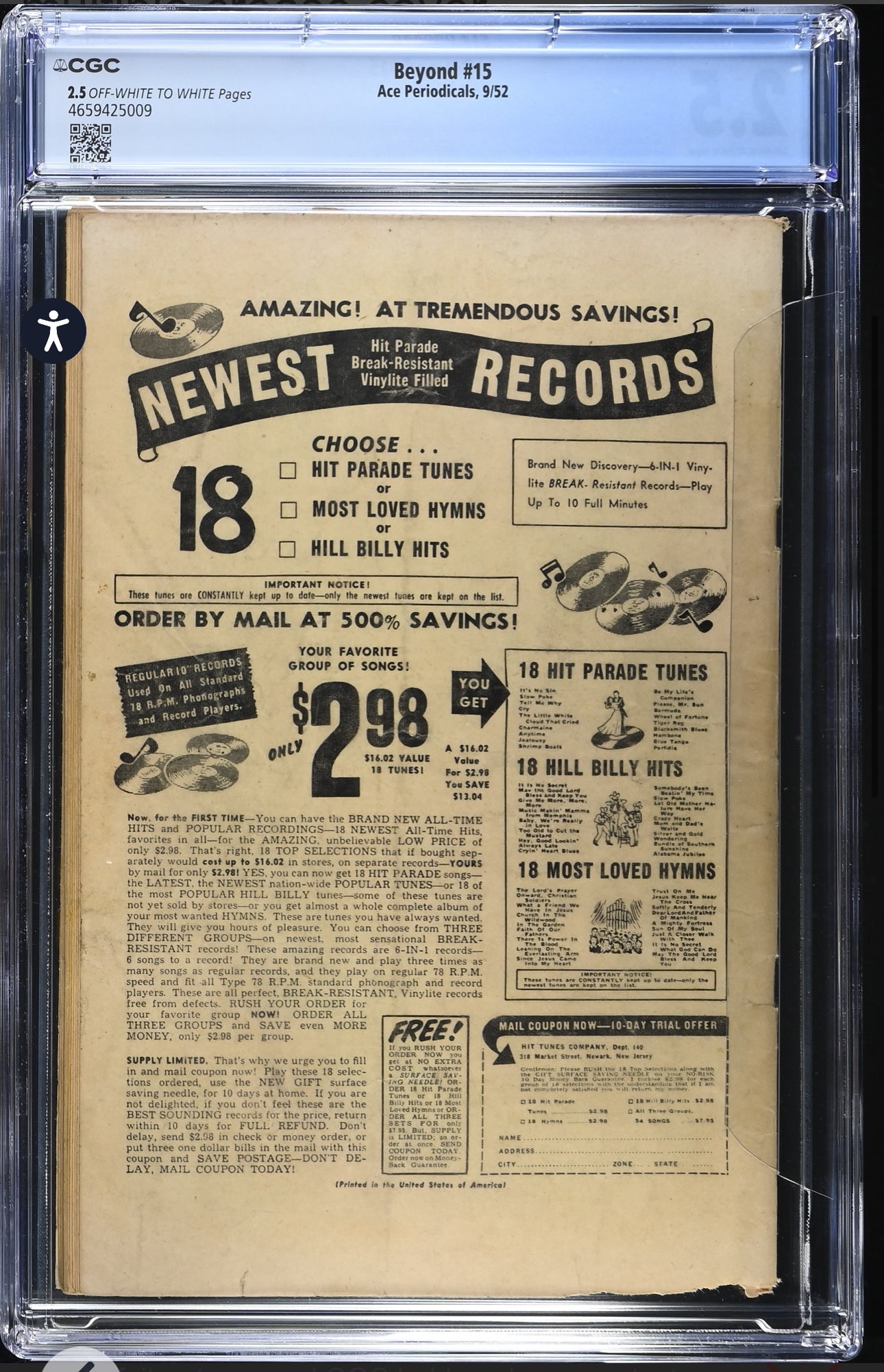 Beyond #15 CGC 2.5 (Ace, 1952) Pre Code Golden Age Horror