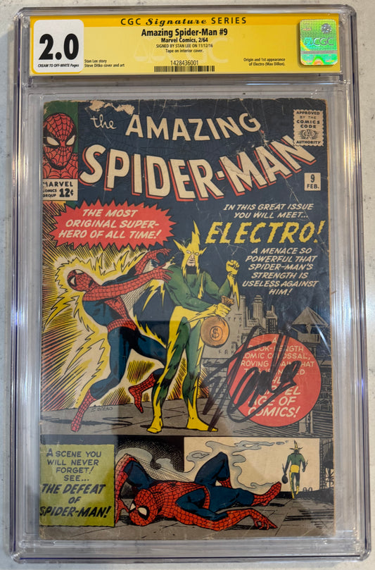 Amazing Spider-Man #9 CGC SS 2.0 (Marvel, 1964) Signed By Stan Lee (1st Electro, Max Dillon)