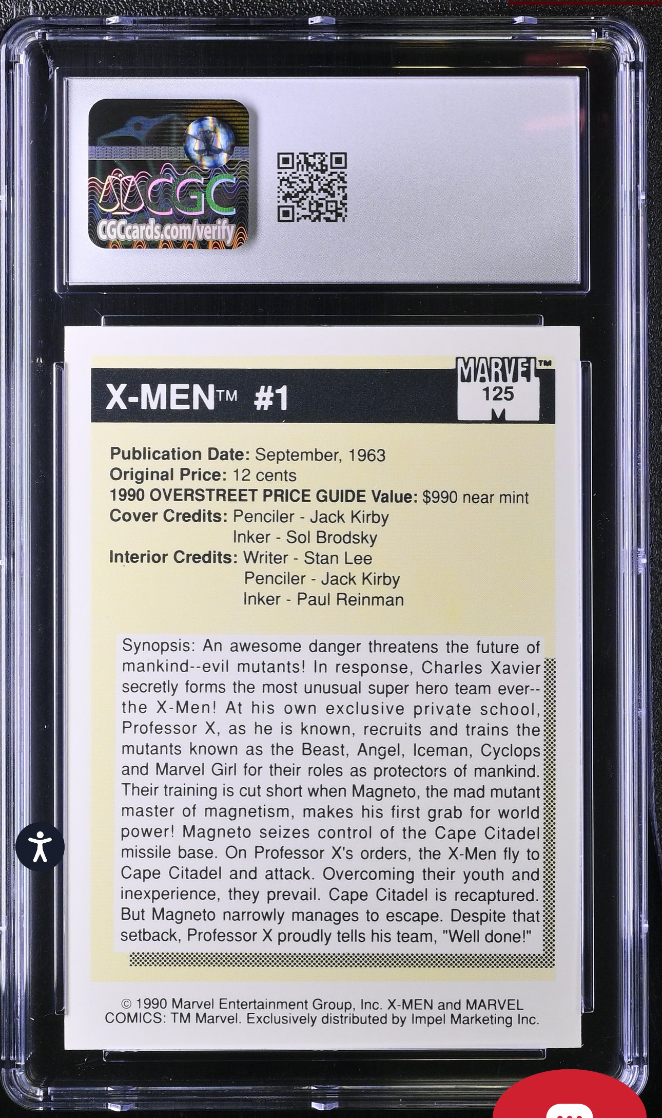 X-Men #1 CGC 9 (Mint) Marvel Universe Series I 1990 Impel #125 Most Valuable Comics CGC CARDS