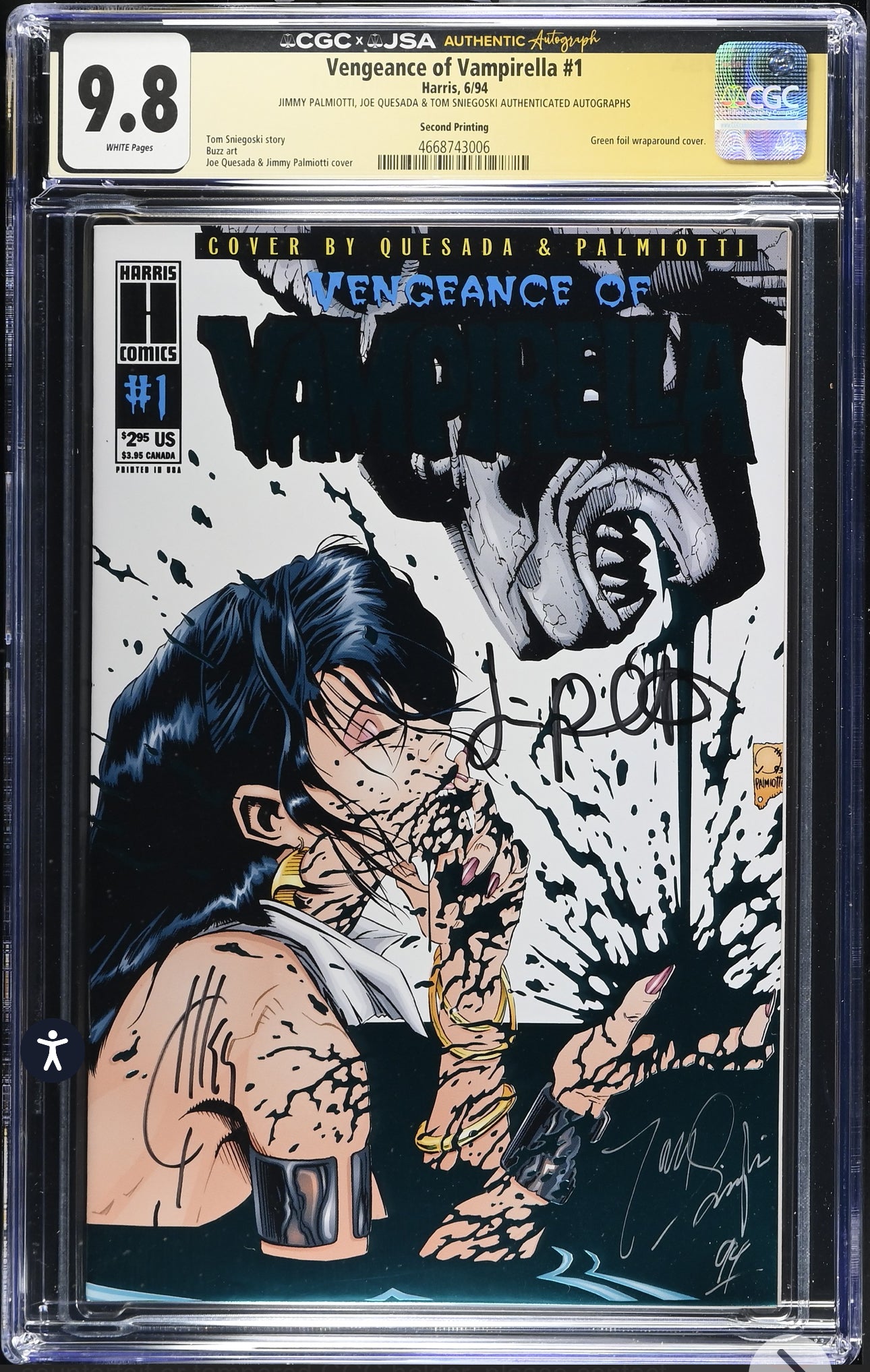 Vengeance of Vampirella #1 CGC X JSA 9.8 (Harris, 1994) Second Print Green Foil Signed by Tom Sniegoski, Jimmy Palmiotti & Joe Quesada