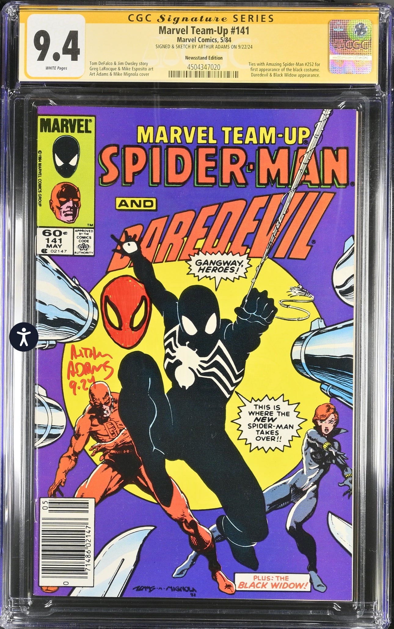 Marvel Team-Up #141 CGC SS 9.4 (Signed/Sketched Arthur Adams) Marvel 1984, Newsstand Edition