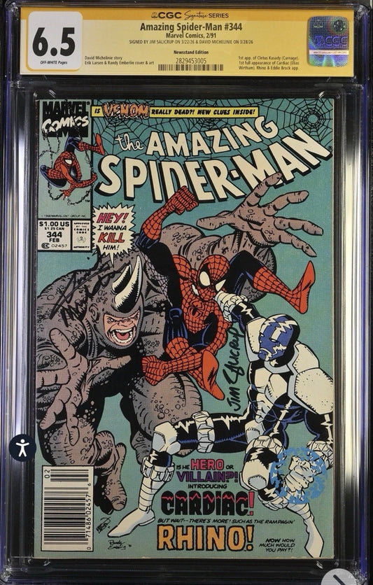 Amazing Spider Man #344 CGC SS 6.5 Signed By Jim Salicrup & David Michelinie Newsstand Edition (Marvel, 1991) 1st Appearance Cletus Cassidy (Carnage)