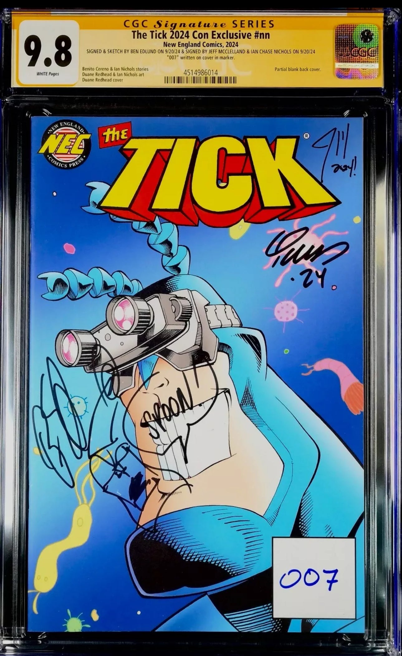 The Tick 2024 Con Exclusive #nn CGC SS 9.8 (Signed & Sketch By Ben Edlund Signed by Ian Chase Nichols & Jeff McClelland