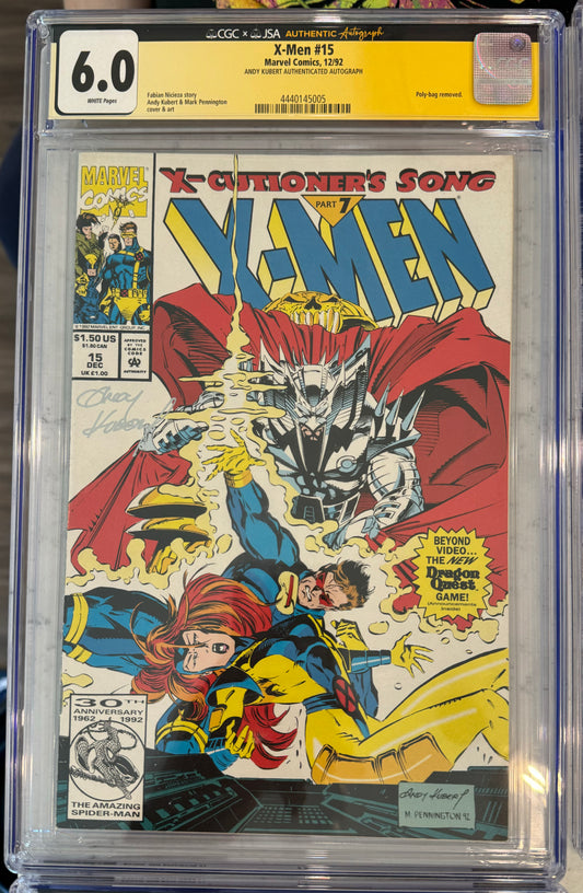 X-Men #15 CGC x JSA 6.0 (Marvel, 1992) Signed by Andy Kubert