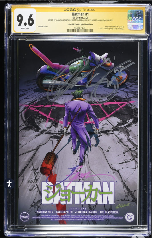 BATMAN #1 CGC SS 9.6 (DC COMICS, 2025) REDCODE AKIRA JOKER HOMAGE 3x Signed By Greg Capullo, Scott Snyder, Jonathan Glapion (Reprint of 2011 Series)