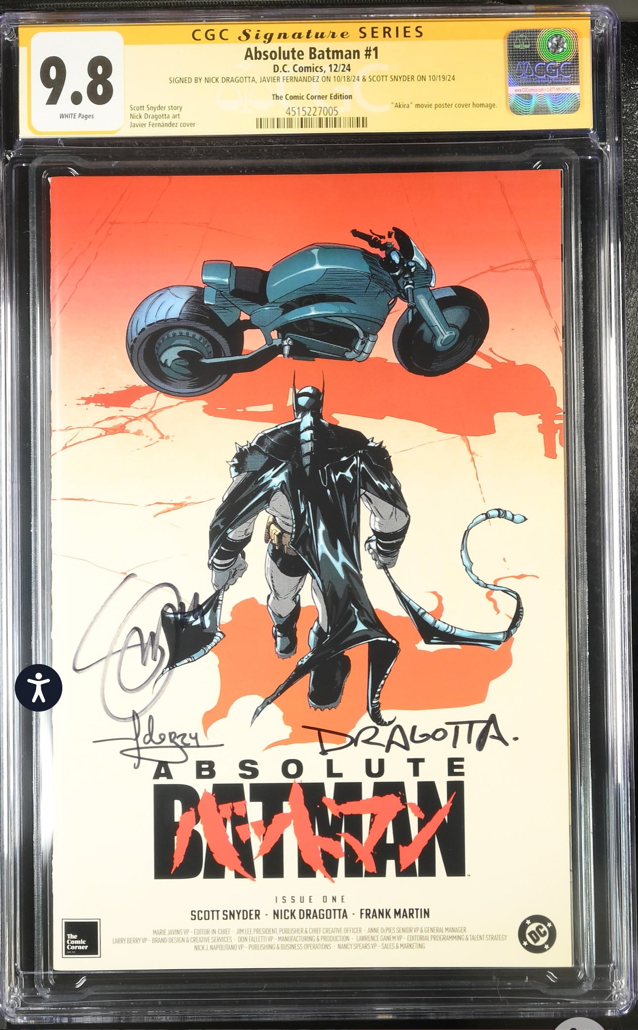 Absolute Batman #1 CGC SS 9.8 (DC, 2024) Akira Homage Cover Signed by Javier Fernandez, Signed by Scott Snyder and Nick Dragotta