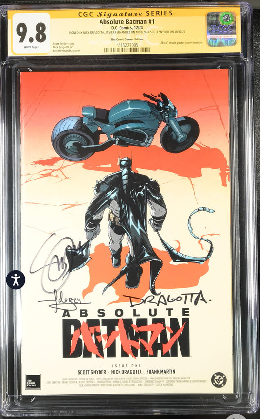 Absolute Batman #1 CGC SS 9.8 (DC, 2024) Akira Homage Cover Signed by Javier Fernandez, Signed by Scott Snyder and Nick Dragotta