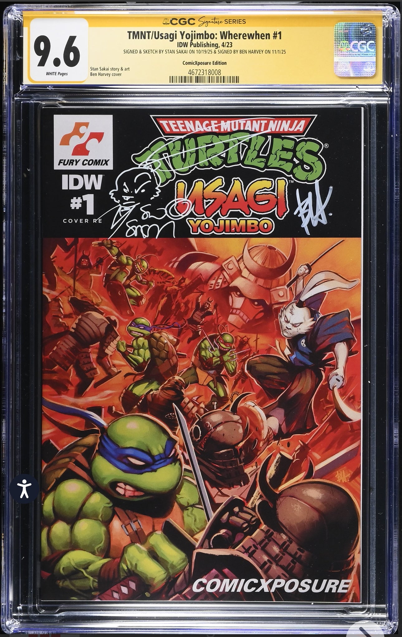Teenage Mutant Ninja Turtles Usagi Yojimbo Wherewhen #1 CGC SS 9.6 (IDW, 2023) Signed/Sketch by Stan Sakai & Signed by Ben Harvey