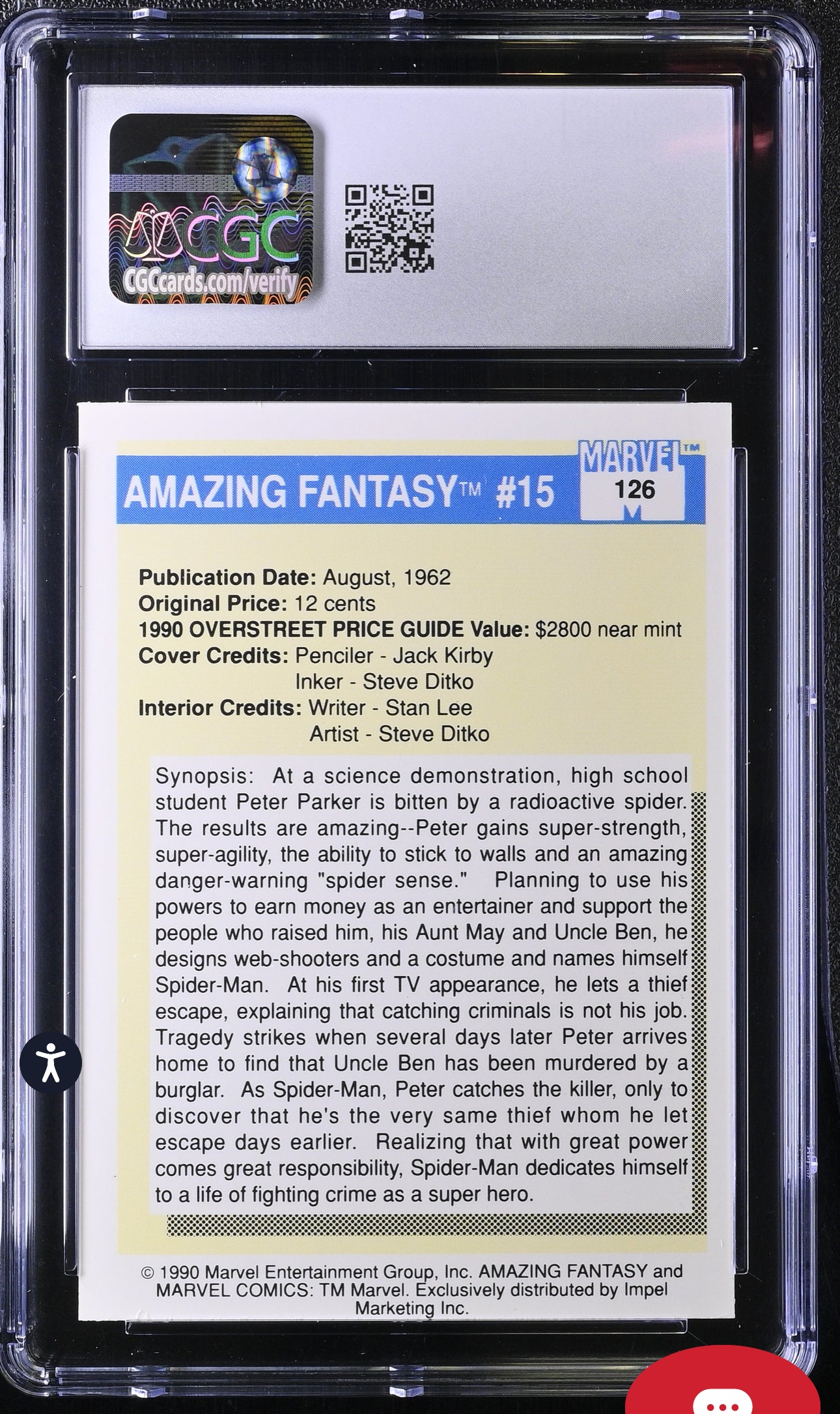 Amazing Fantasy #15 CGC 8 (NM/Mint) Marvel Universe Series I 1990 Impel #126 Most Valuable Comics CGC CARDS