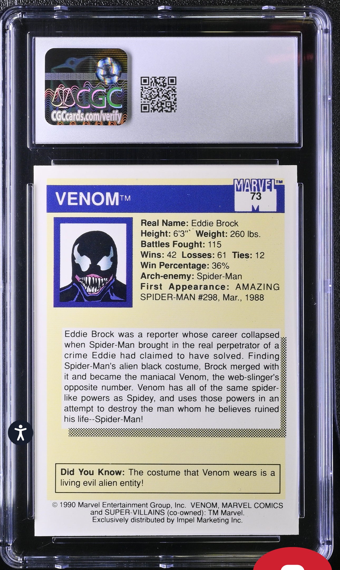 Venom CGC 9 (Mint) Marvel Universe Series I 1990 Super-Villains CGC Cards