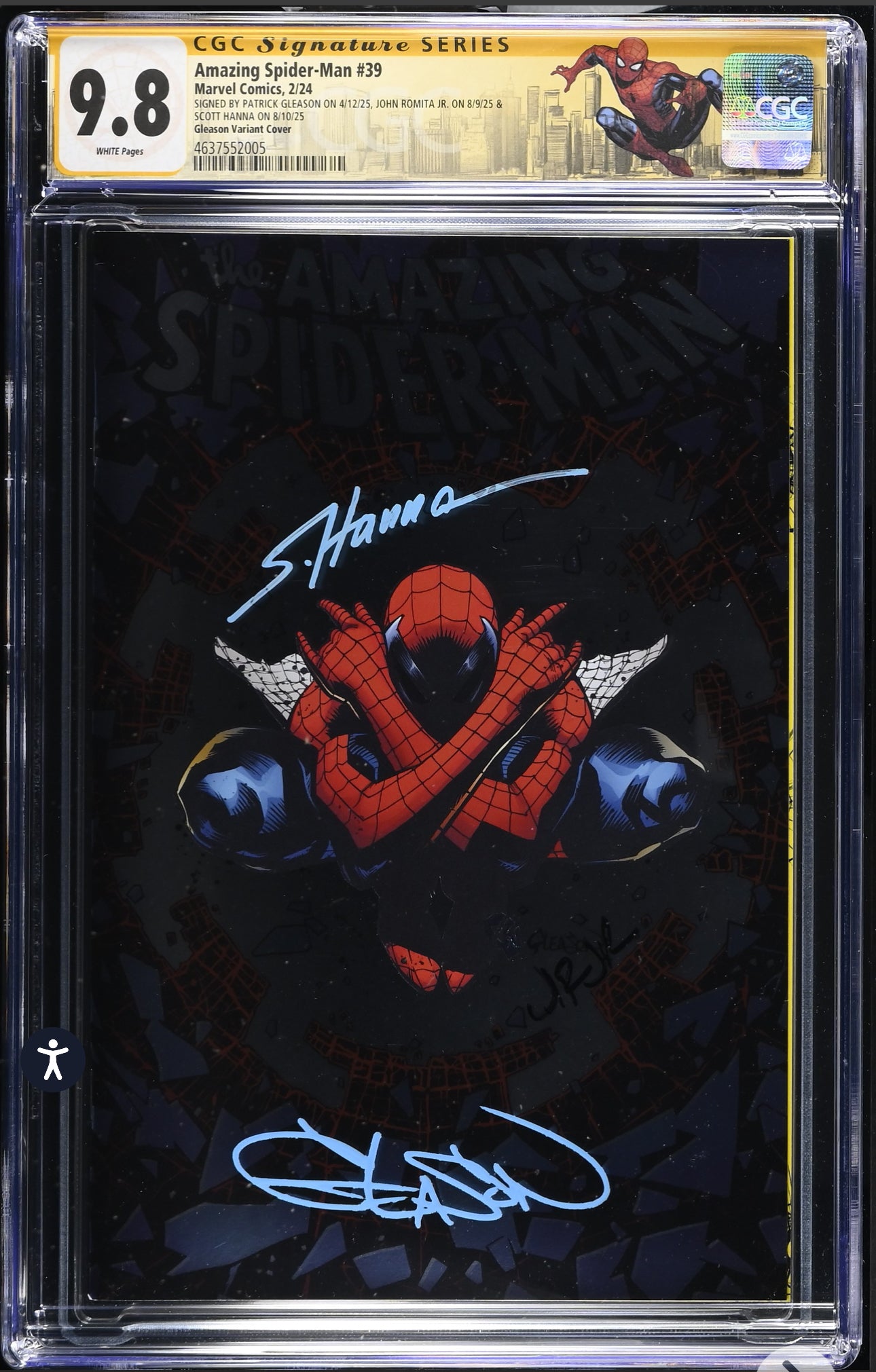 Amazing Spider-Man #39 CGC SS 9.8 Signed By Patrick Gleason, Scott Hanna & John Romita Jr. (Foil Variant, Marvel 2024) W/ Custom Logo