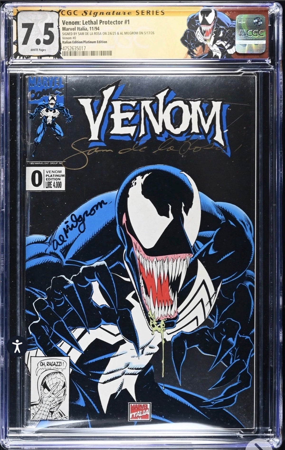 Venom Lethal Protector #1 CGC SS Signed By Sam De La Rosa & Al Milgrom (Platinum Edition) Marvel Italia , 1994 with custom label