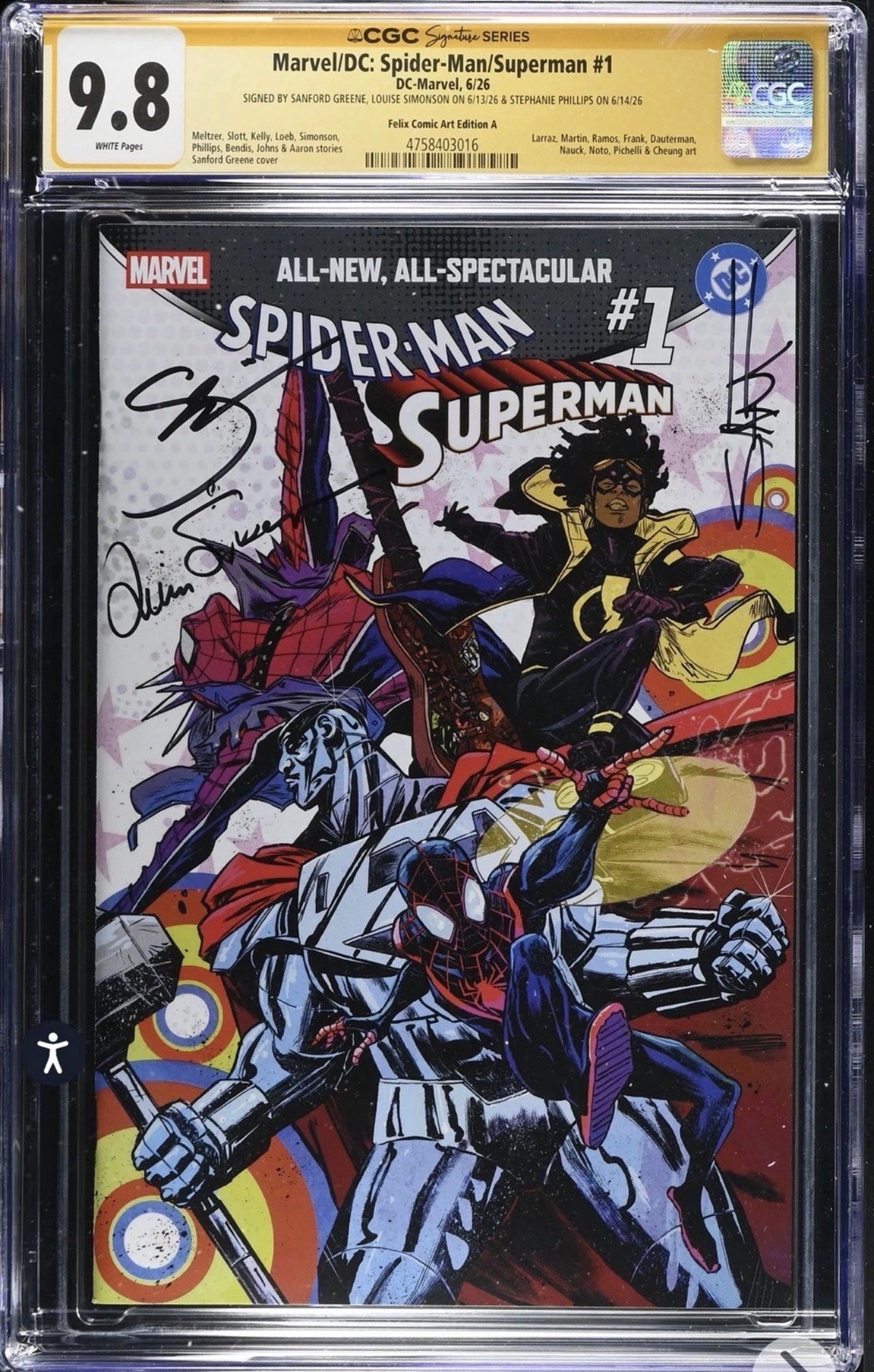 Marvel/DC: SPIDER-MAN SUPERMAN #1 CGC SS 9.8 Signed By Sanford Greene, Stephanie Phillips Phillips & Louise Simonson (2026)