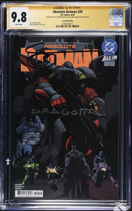 Absolute Batman #20 CGC SS 9.8 Signed By Nick Dragotta & Scott Snyder 2nd Print, DC, 2026