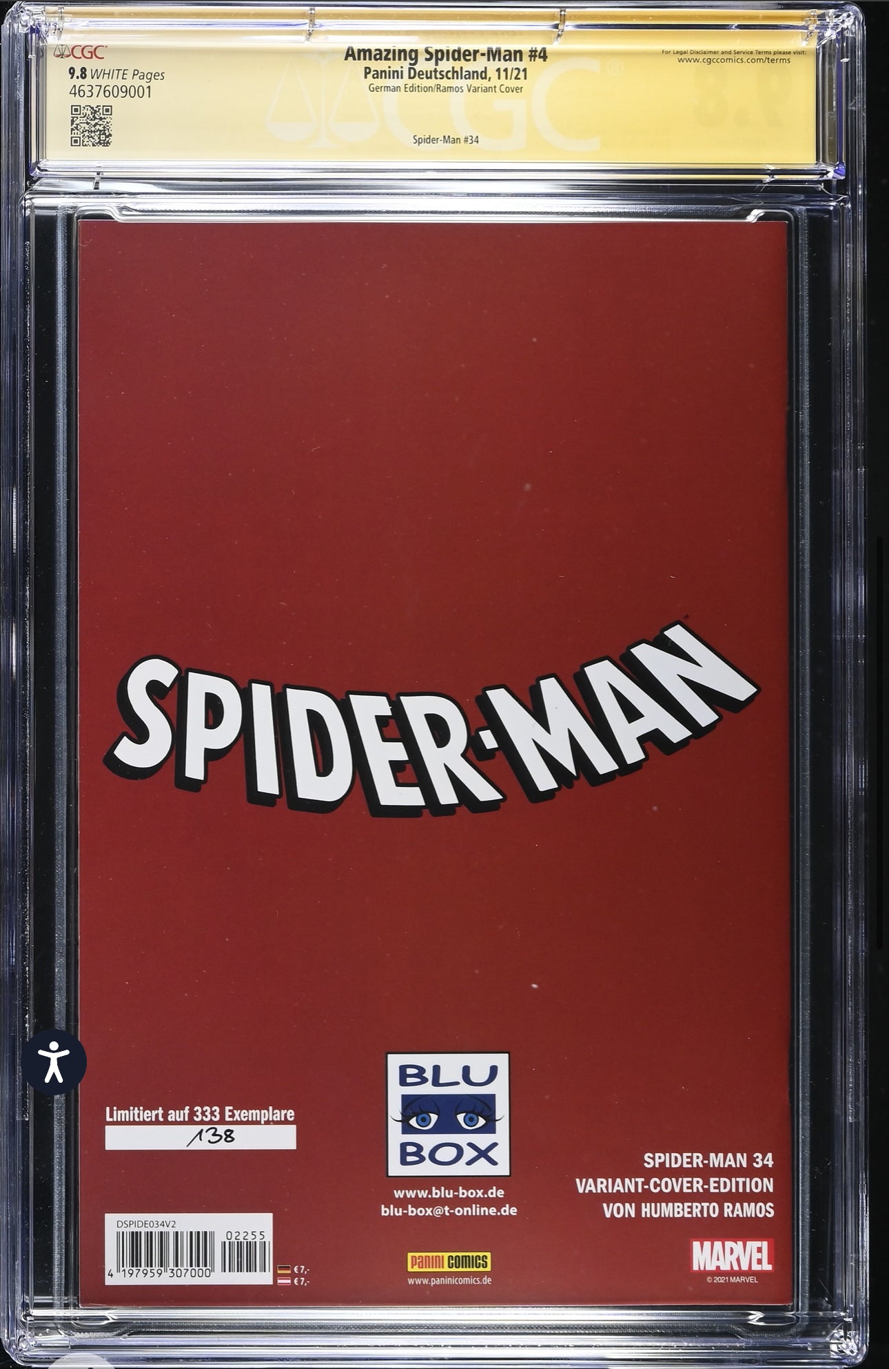 Amazing Spider-Man #4 CGC SS 9.8 (Panini Deutschland, 2021) German Edition Signed & Sketched by Humberto Ramos and signed by Edgar Delgado