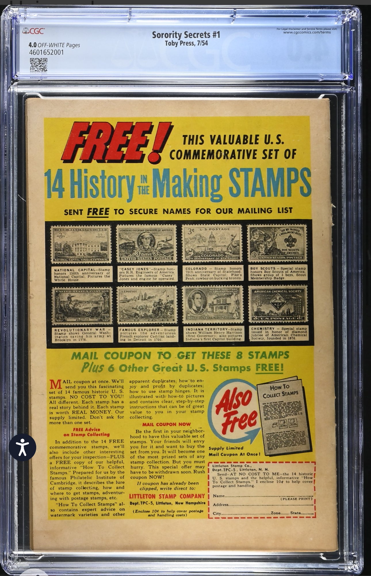 Sorority Secrets #1 CGC 4.0 (Toby Press, 1954) Off White Pages