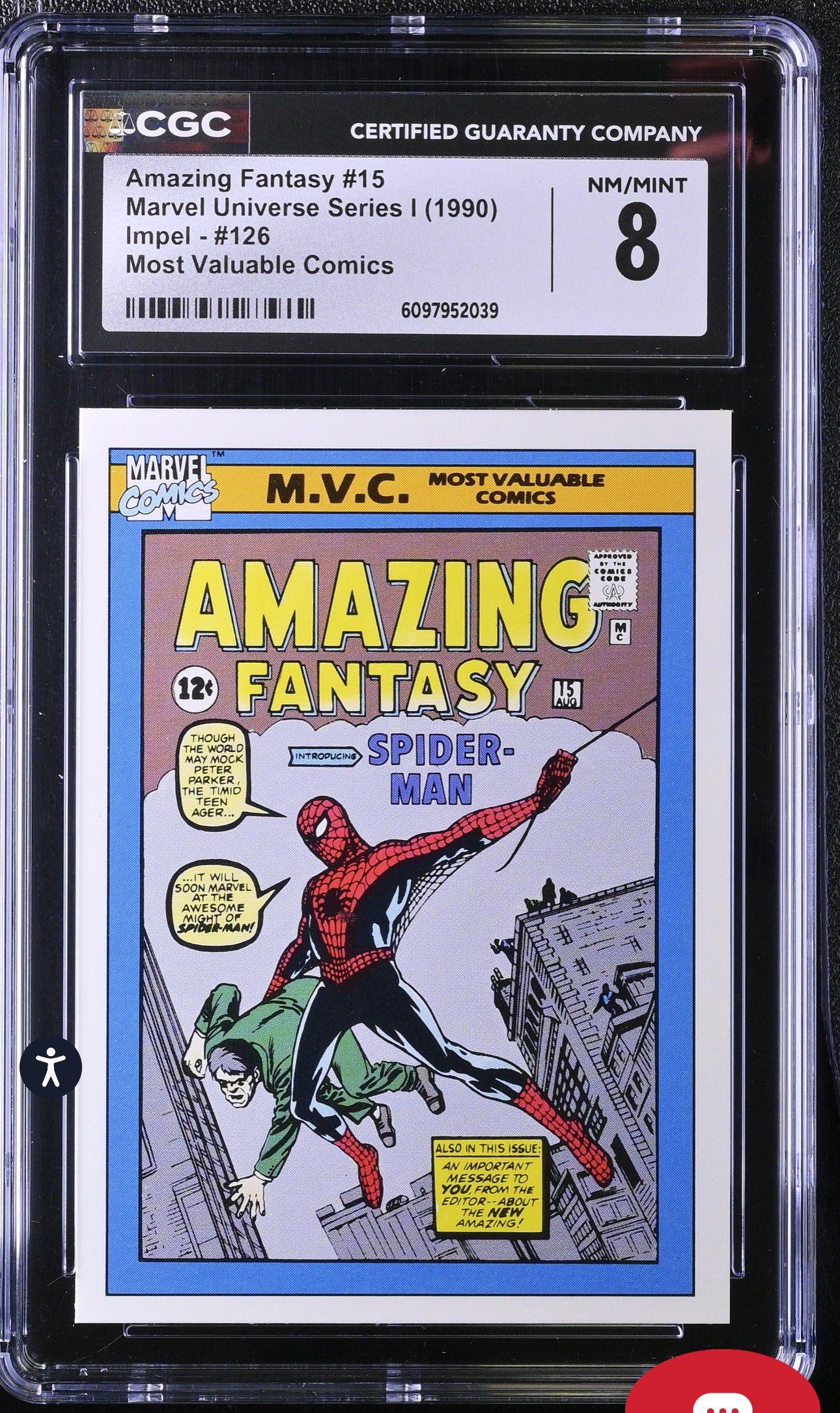 Amazing Fantasy #15 CGC 8 (NM/Mint) Marvel Universe Series I 1990 Impel #126 Most Valuable Comics CGC CARDS