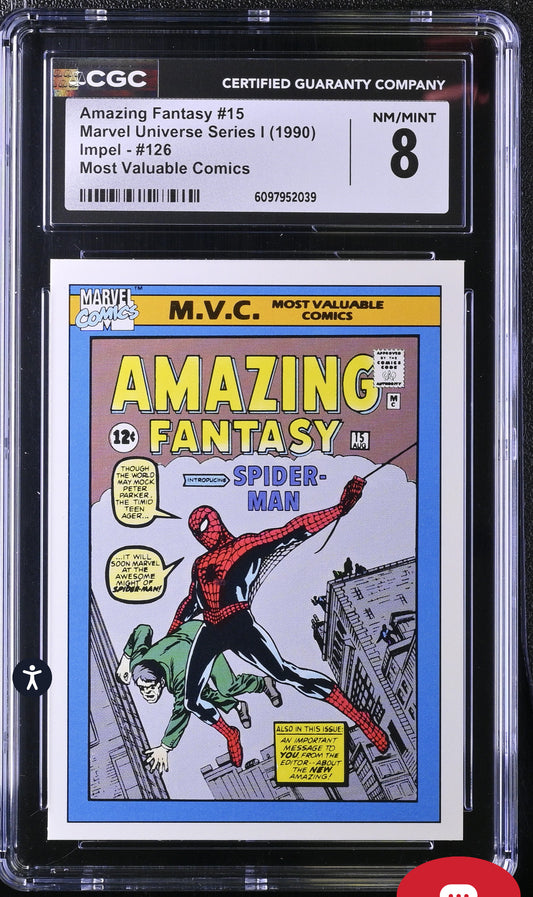 Amazing Fantasy #15 CGC 8 (NM/Mint) Marvel Universe Series I 1990 Impel #126 Most Valuable Comics CGC CARDS