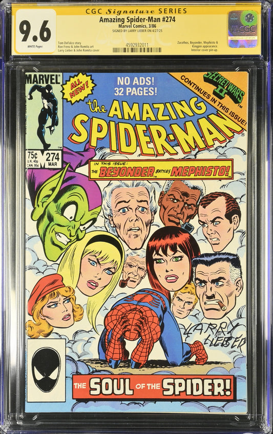 AMAZING SPIDER-MAN #274 CGC SS 9.6 (Marvel, 1986) Signed By Larry Lieber (RARE)