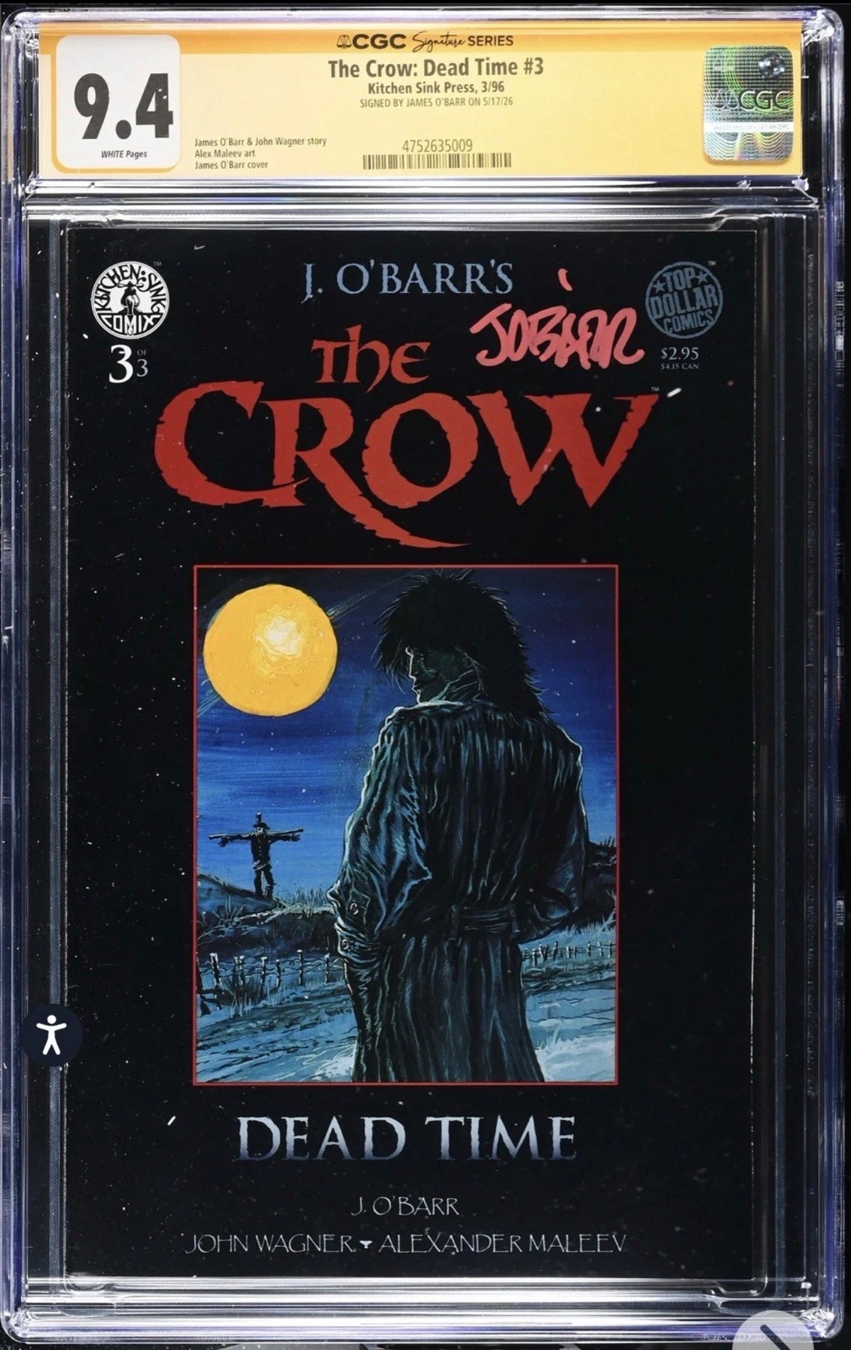 The Crow: Dead Time #3 CGC SS 9.4 Signed By James O’Barr (Kitchen Sink, 1996)