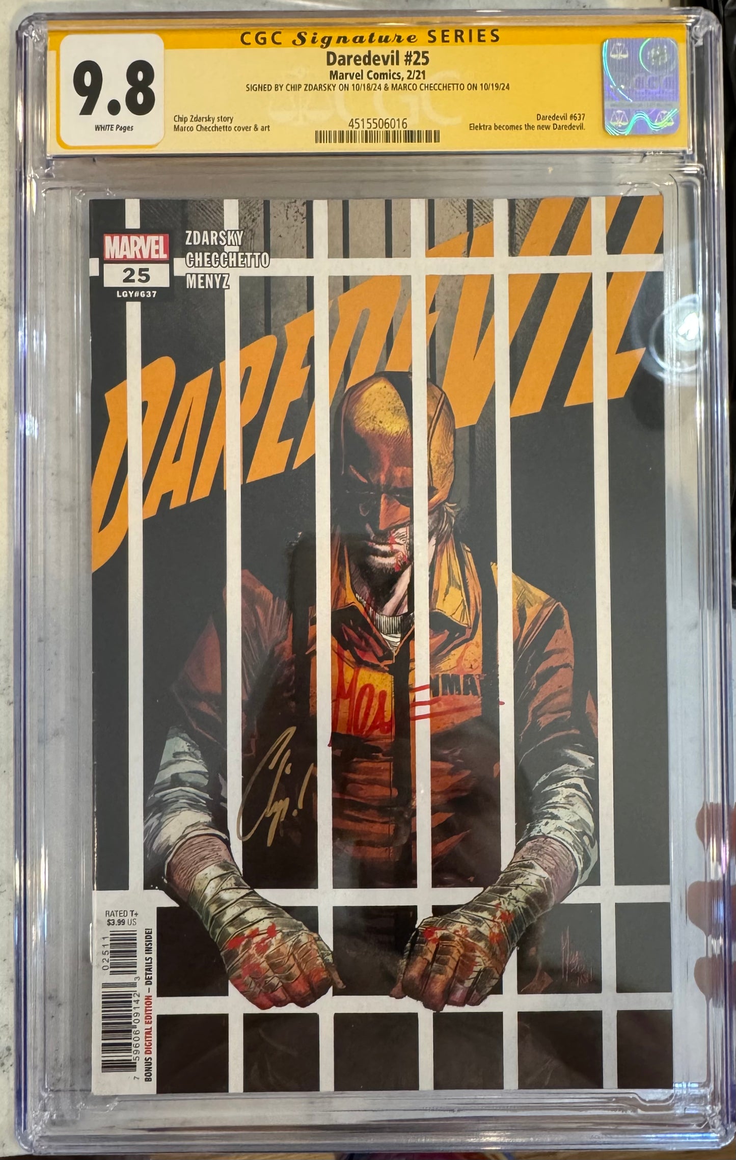 Daredevil #25 CGC SS 9.8 (Marvel; 2021) Signed by Marco Checchetto & Chip Zdarsky (1st Elektra as Daredevil)