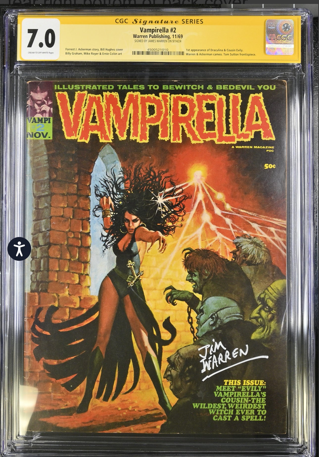 VAMPIRELLA #2 CGC SS 7.0 (Warren, 1969) Signed By James Warren 1st Draculina & Cousin Evily