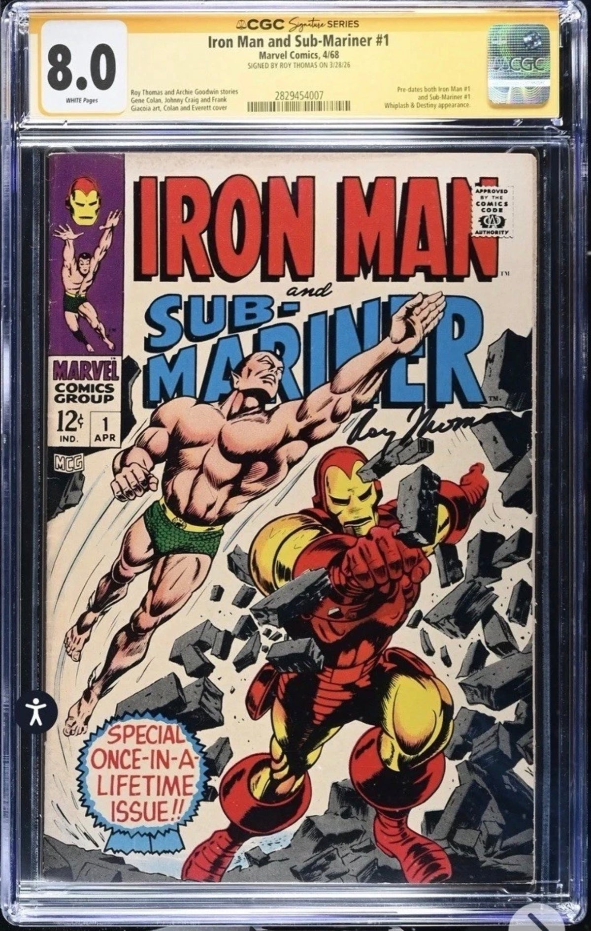 Iron Man and Sub-Mariner #1 CGC SS 8.0 Signed By Roy Thomas (Marvel, 1968)