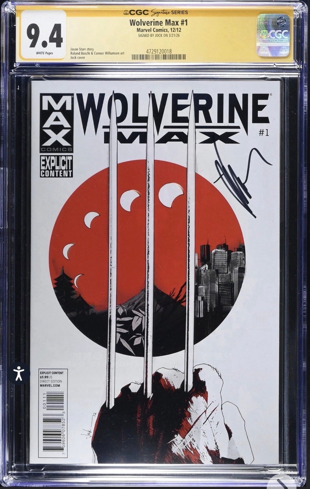 Wolverine Max #1 CGC SS 9.4 Signed By Jock (Marvel, 2012)