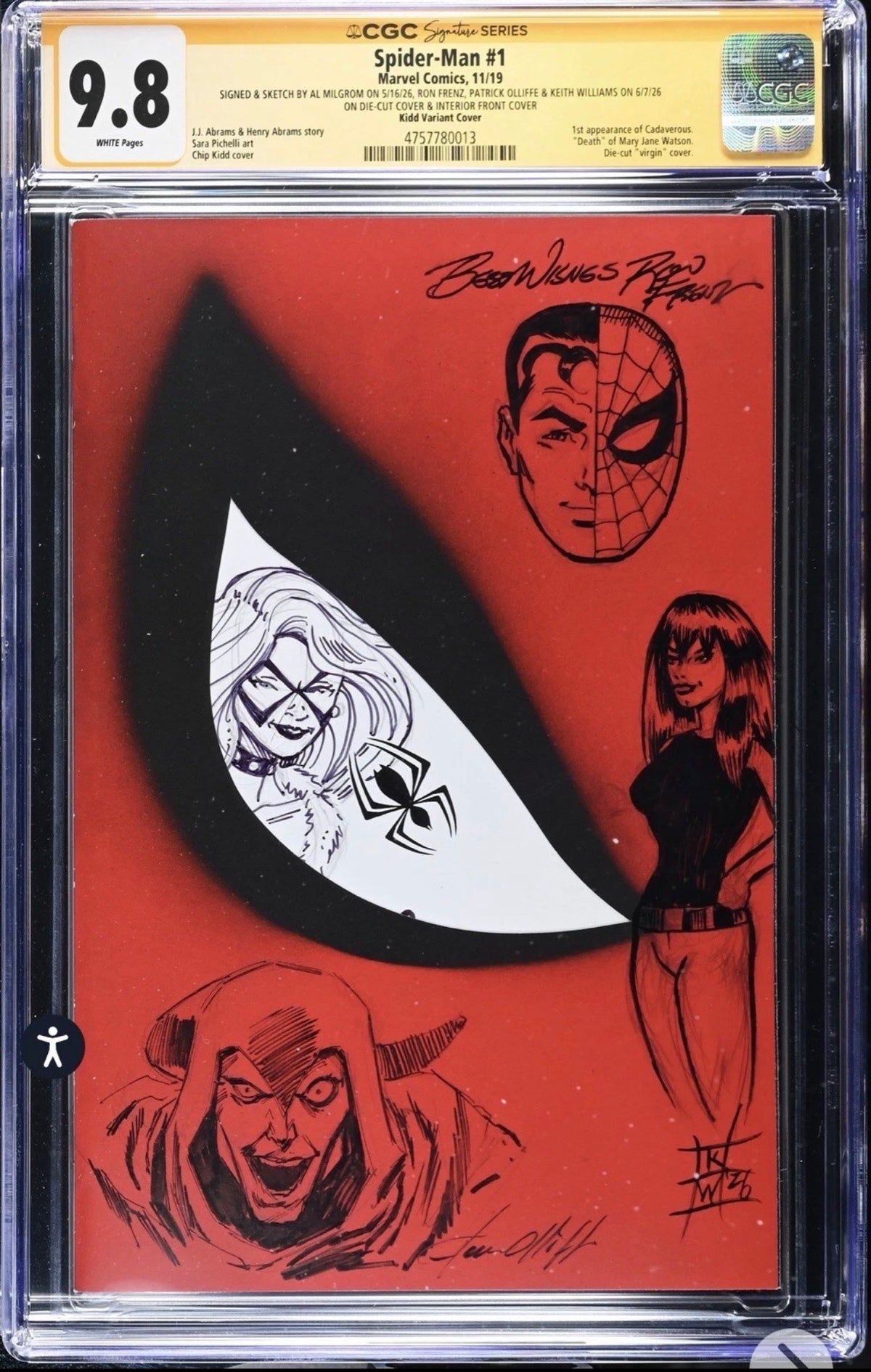 Spider-Man #1 CGC SS 9.8 Signed And Sketch by Ron Frenz, Keith Williams, Al Milgrom, and Patrick Olliffe (Marvel, 2019) Kidd Variant
