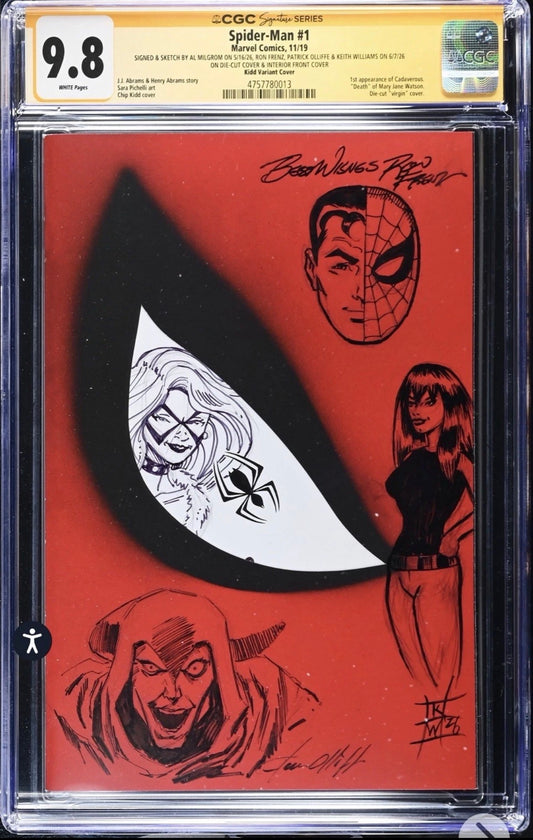 Spider-Man #1 CGC SS 9.8 Signed And Sketch by Ron Frenz, Keith Williams, Al Milgrom, and Patrick Olliffe (Marvel, 2019) Kidd Variant