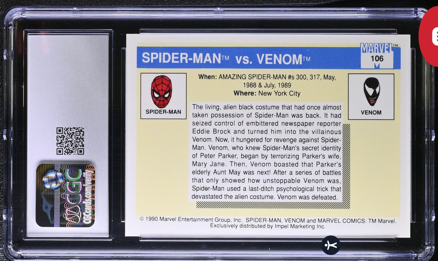 Spider-Man Vs. Venom CGC 8 (NM/Mint) Marvel Universe Series I (1990) Impel #106 Famous Battles CGC CARDS