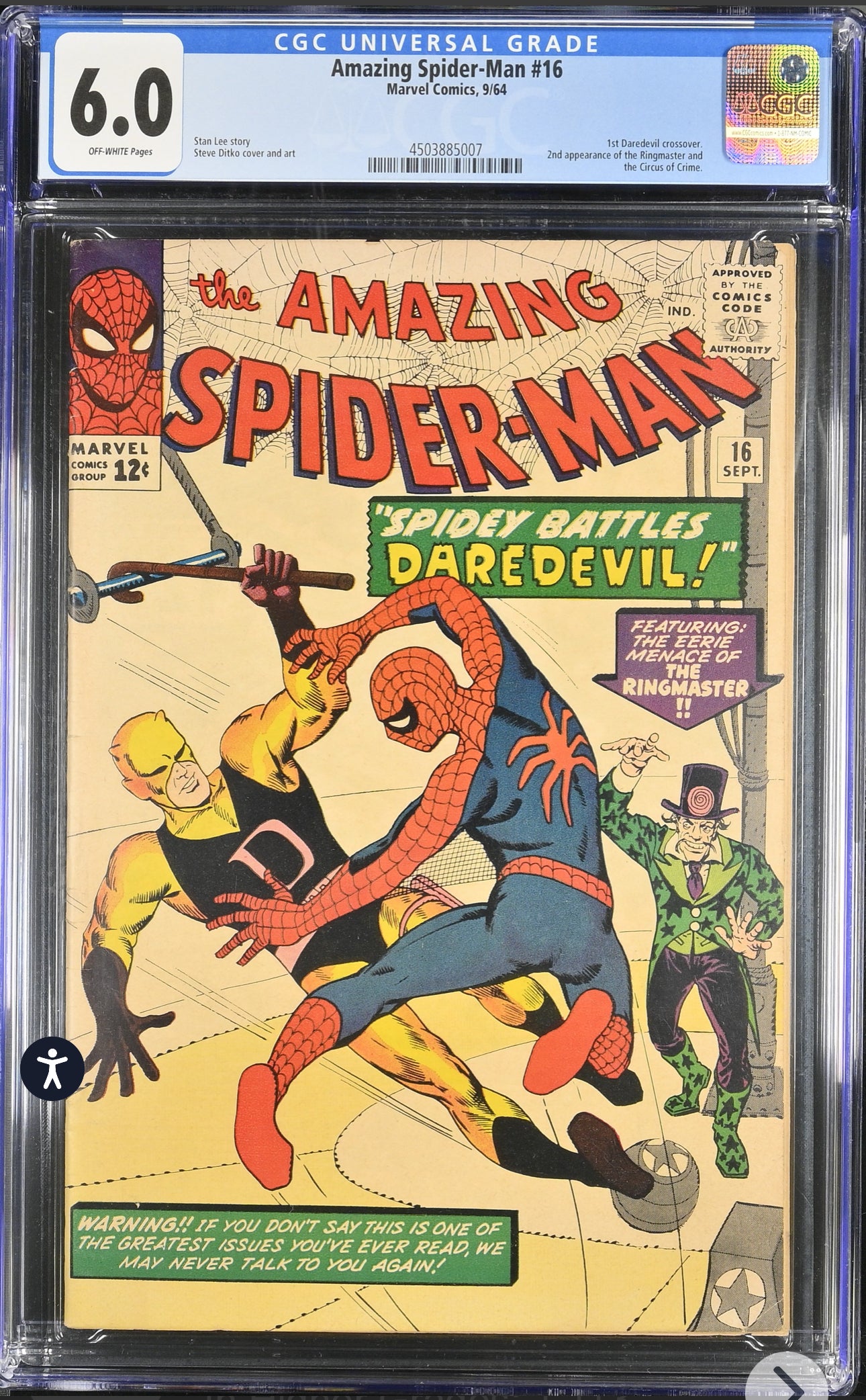Amazing Spider-Man #16 CGC 6.0 (Marvel, 1964) 1st Daredevil Crossover