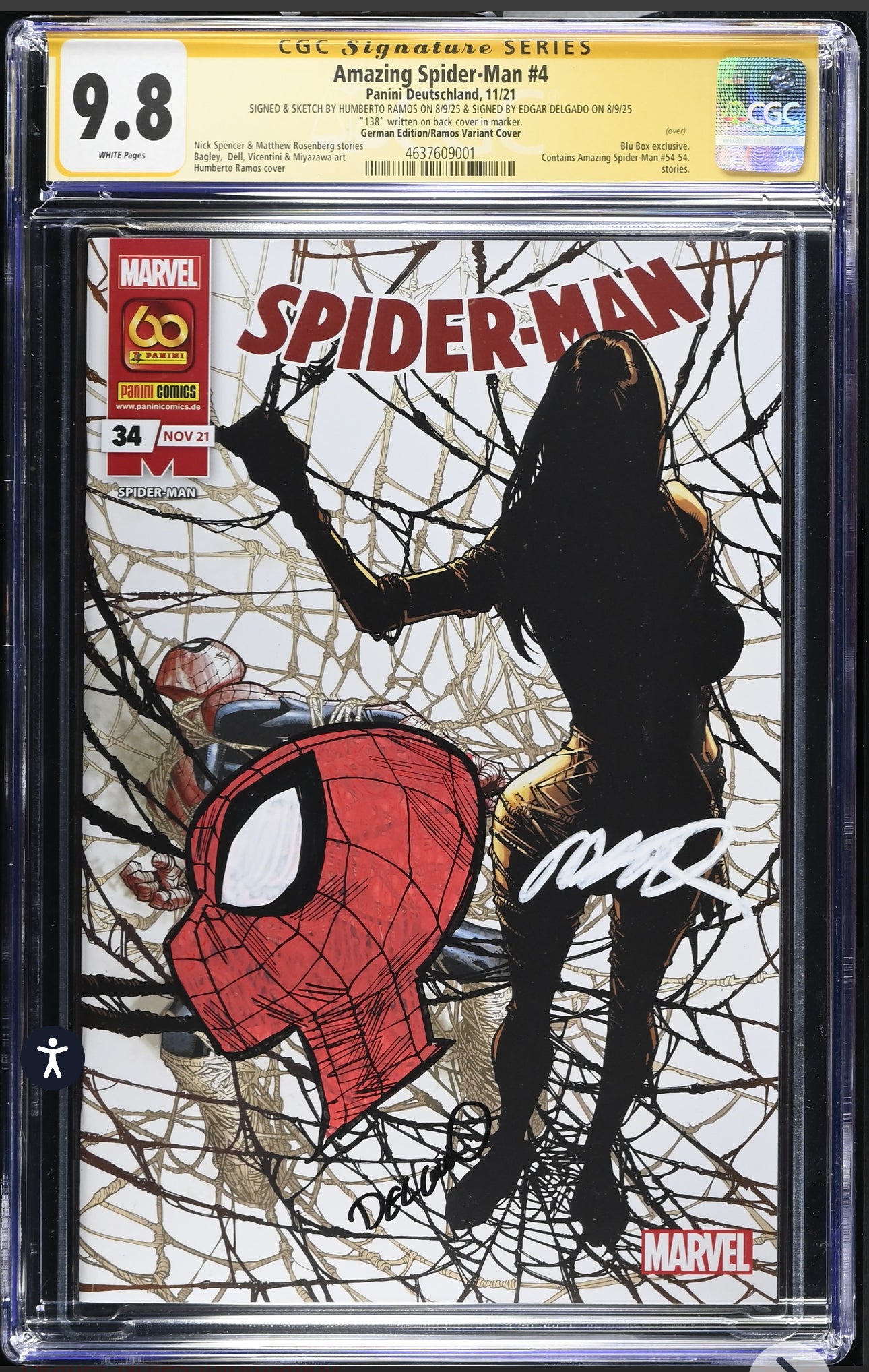 Amazing Spider-Man #4 CGC SS 9.8 (Panini Deutschland, 2021) German Edition Signed & Sketched by Humberto Ramos and signed by Edgar Delgado